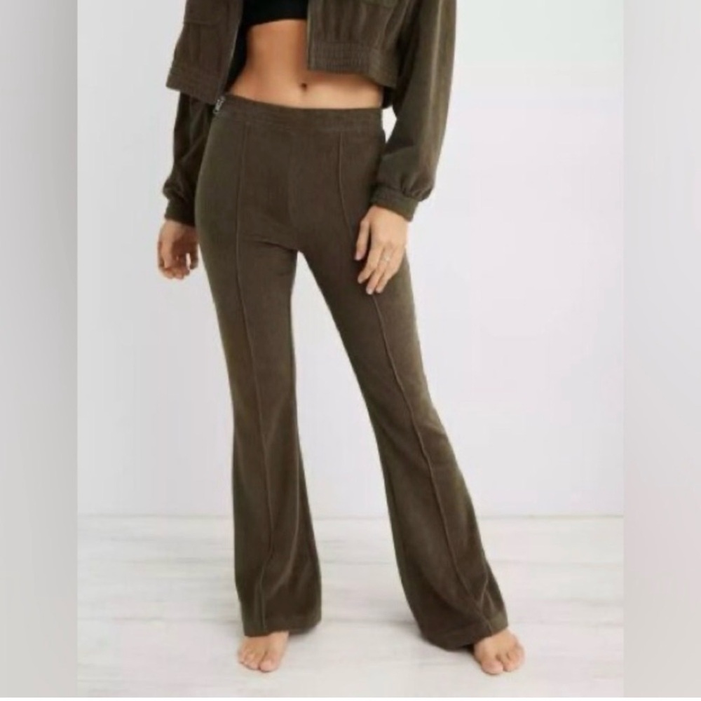 Aerie Groove On The Rib Flare Pants Olive Green Size XS